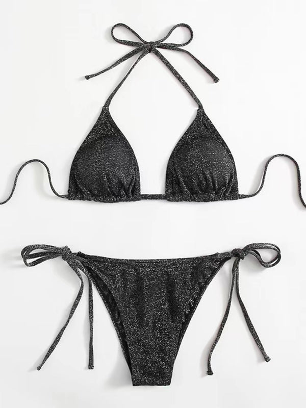 Black glittery split backless strappy bikini