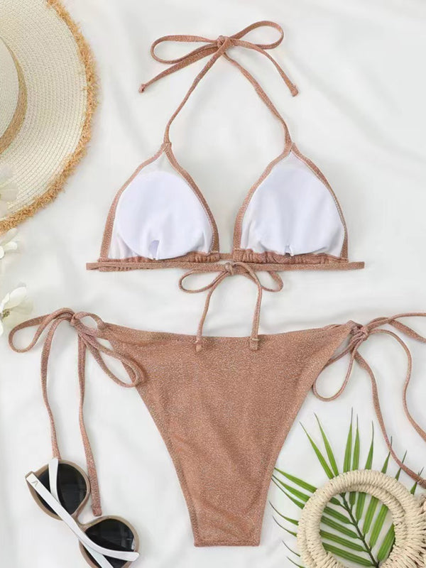 Brown backless strappy bikini with accessories