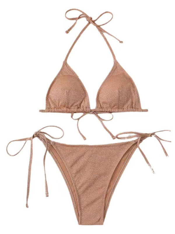 Brown glittery split backless strappy bikini