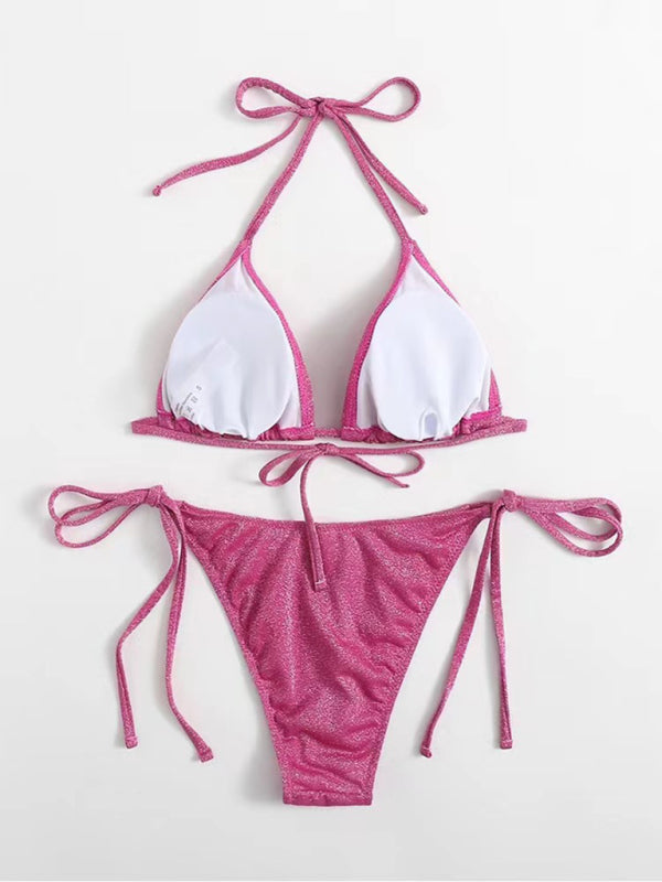 Pink backless strappy bikini with white lining