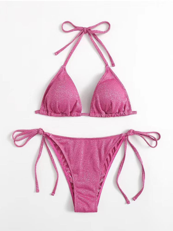 Pink glittery split backless strappy bikini