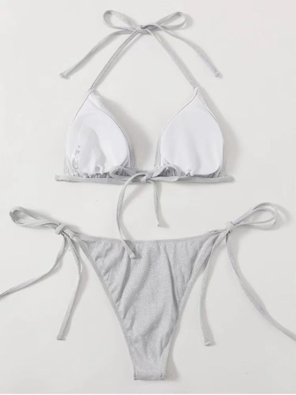Gray backless strappy bikini with white lining