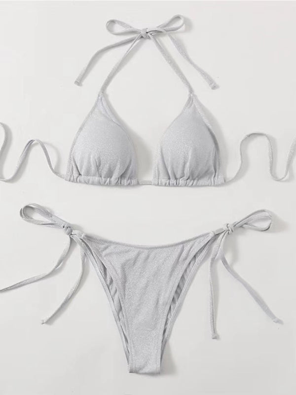 Gray glittery split backless strappy bikini