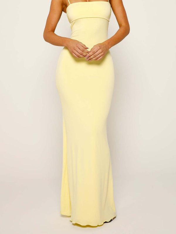 Yellow slim fit backless suspender dress full view