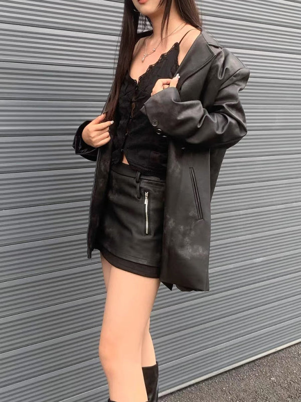Black lace satin camisole styled with jacket