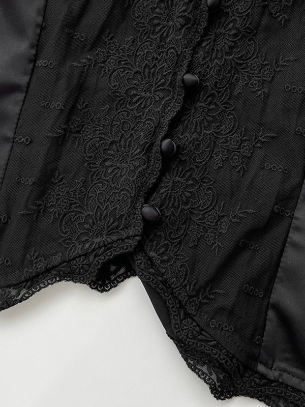 Close-up of black lace satin camisole