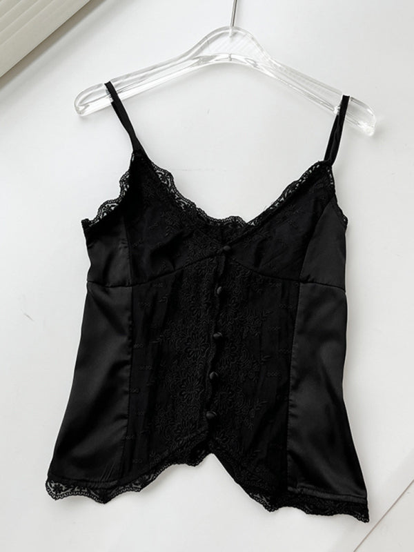 Black lace satin camisole on hanger