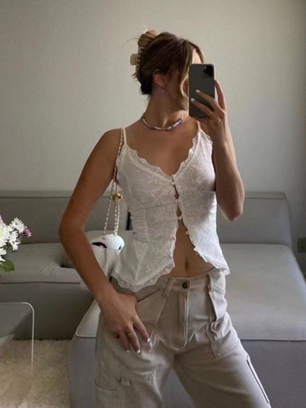 White lace satin camisole worn indoors