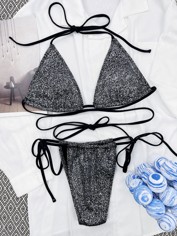 Silver glitter strap triangle bikini on white fabric