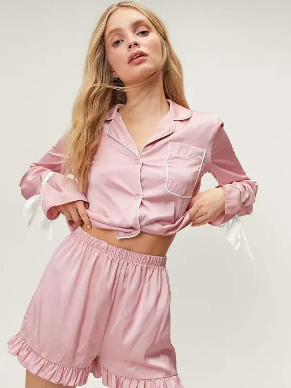Pink lapel long-sleeved shorts set with ruffle trim