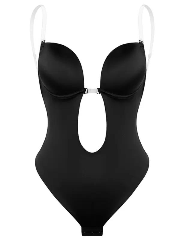 Front view of black backless plunge bodysuit