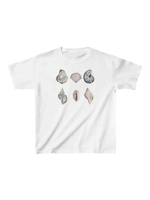 White T-shirt featuring seashell graphic, short-sleeved