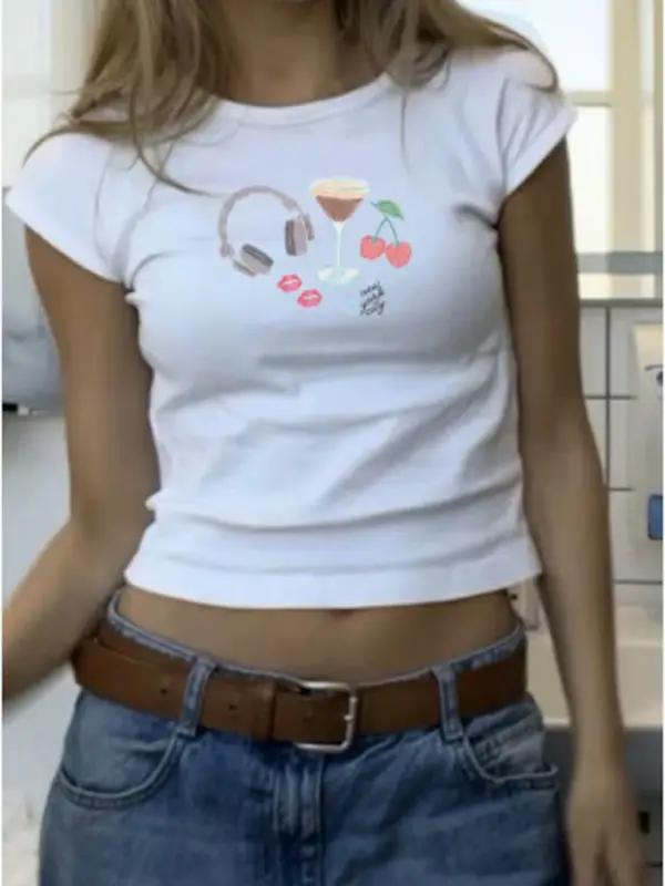 White T-shirt with martini glass graphic, short-sleeved