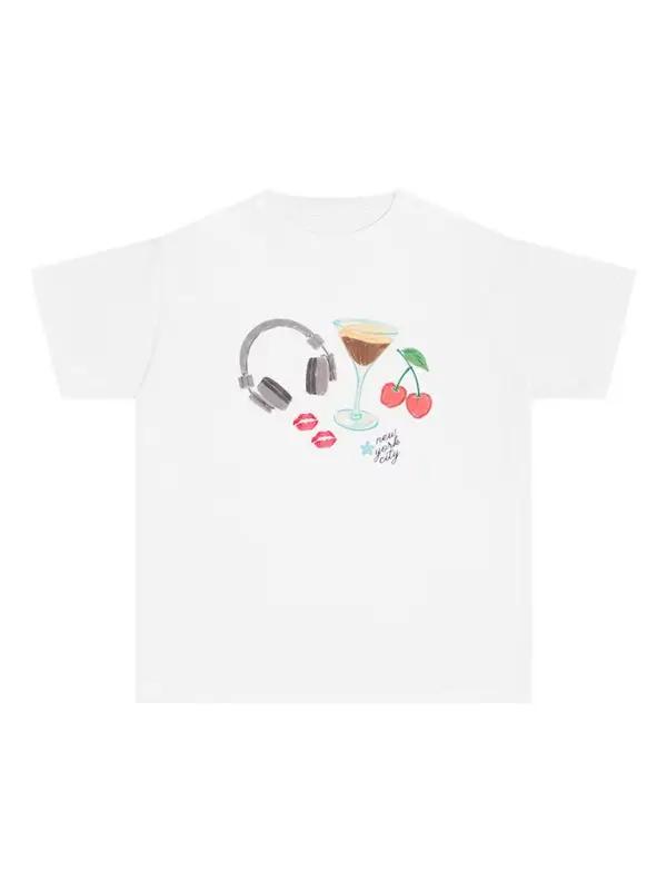 White T-shirt featuring headphone and cocktail print, short-sleeved