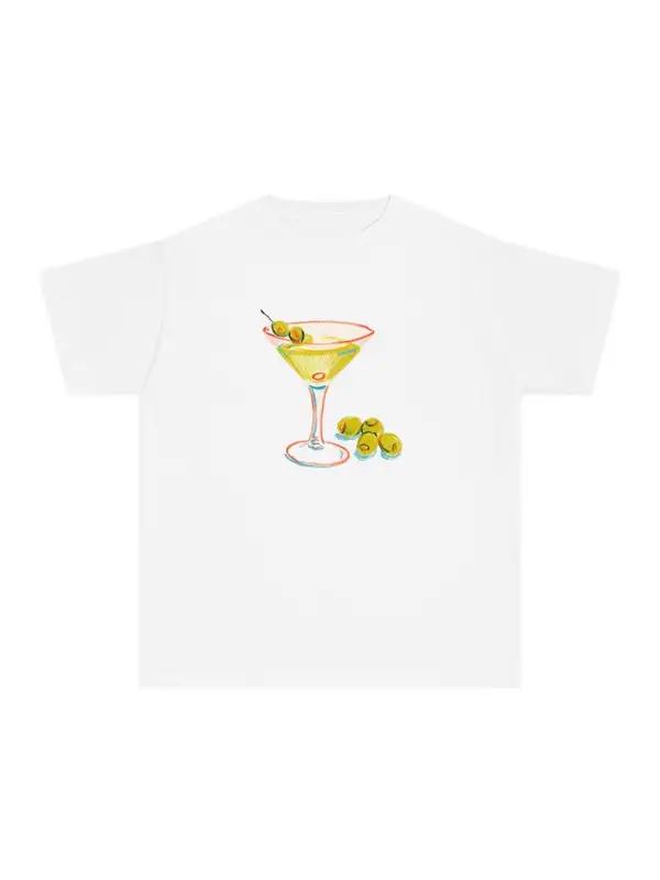 White T-shirt featuring martini glass print, short-sleeved