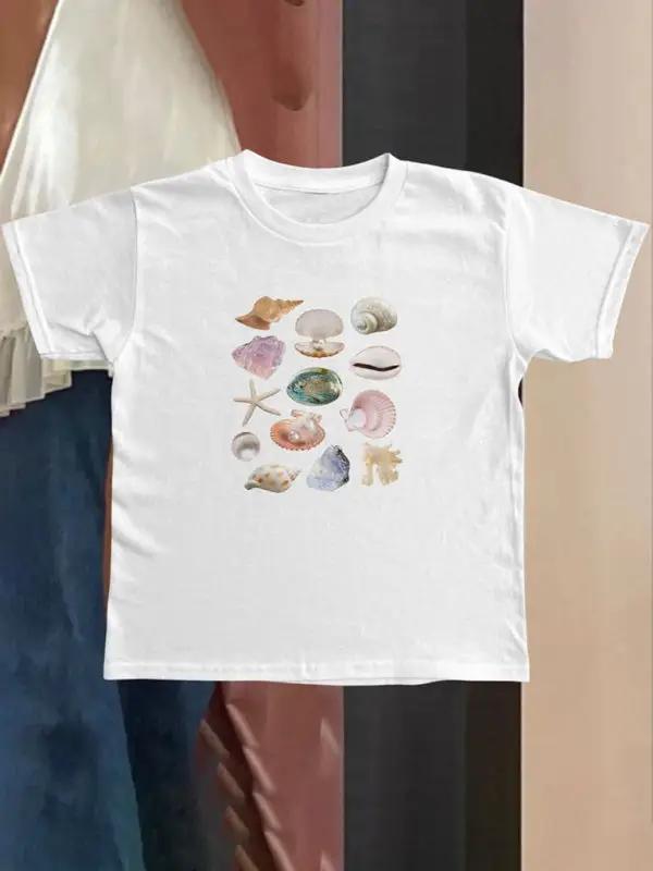 White T-shirt with seashell graphic, short-sleeved