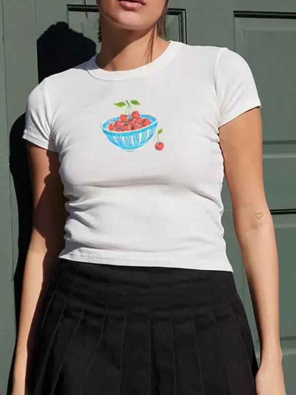 White T-shirt with cherry bowl design, short-sleeved