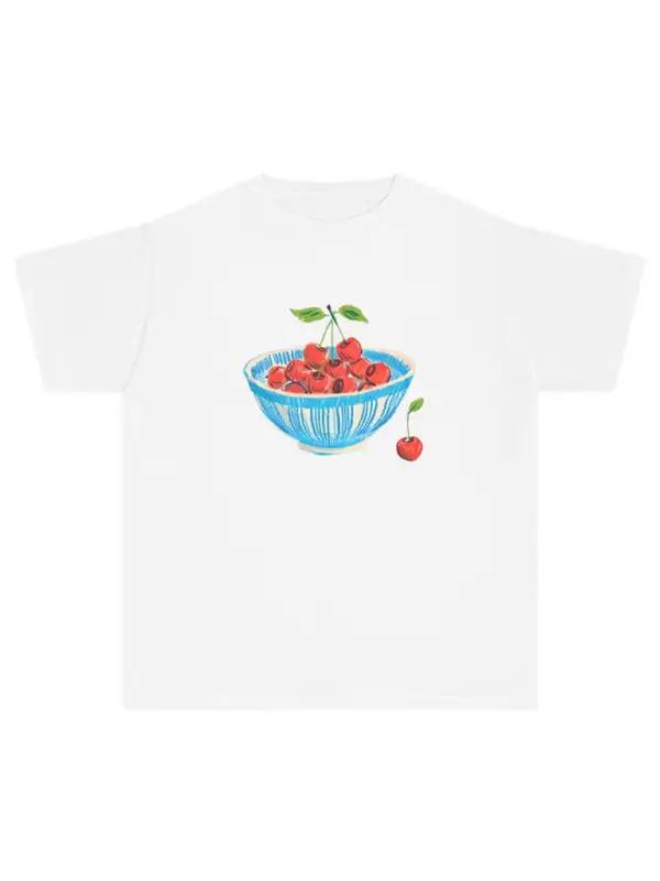 White T-shirt featuring cherry bowl print, short-sleeved