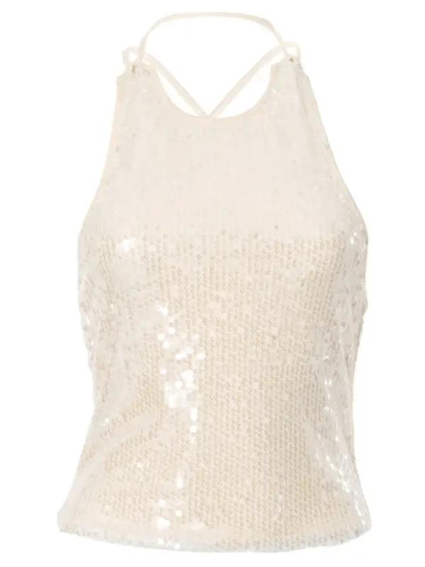 Backless sequined halterneck top with strap detail