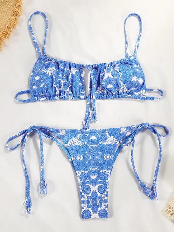Blue patterned bikini set with tie straps