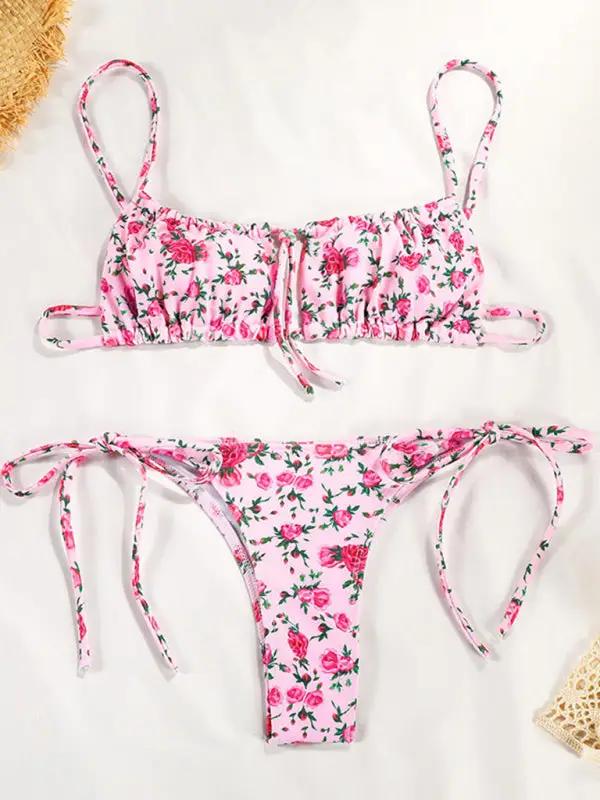 Pink floral strap bikini set on display