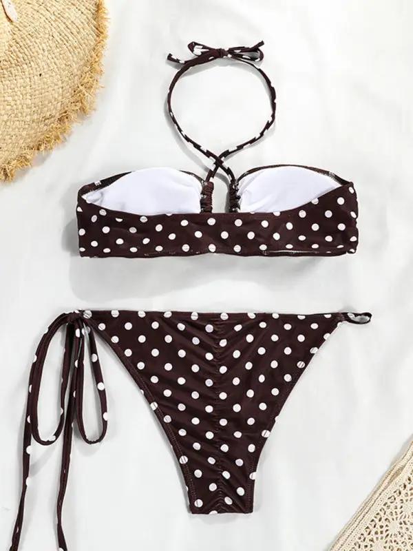 Brown polka dot bandeau bikini set
