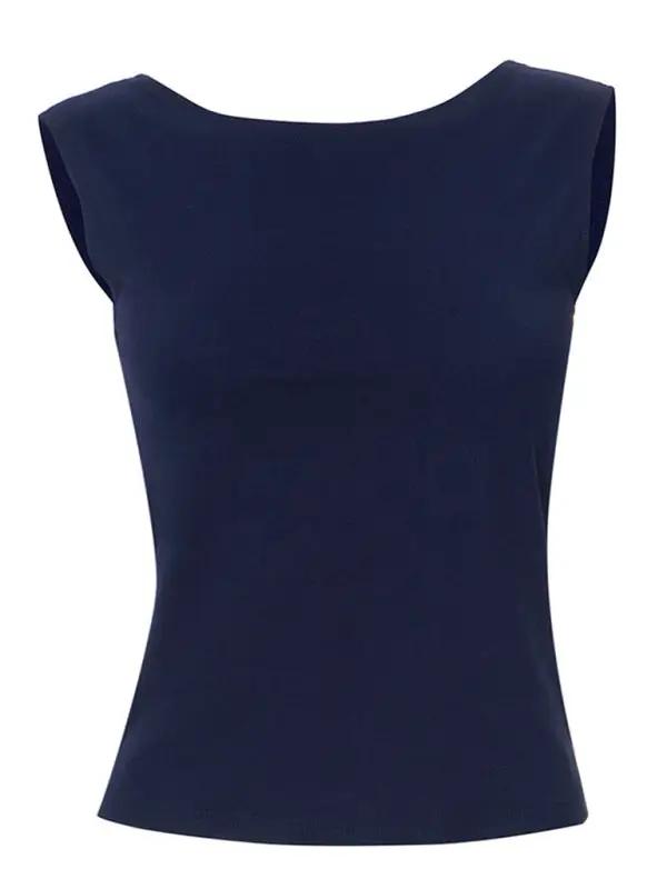 Front view of navy round neck slim fit top.