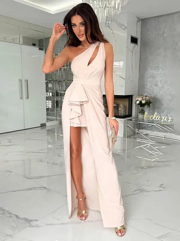 Beige off-shoulder dress in modern setting