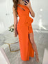 Orange off-shoulder party dress with slit