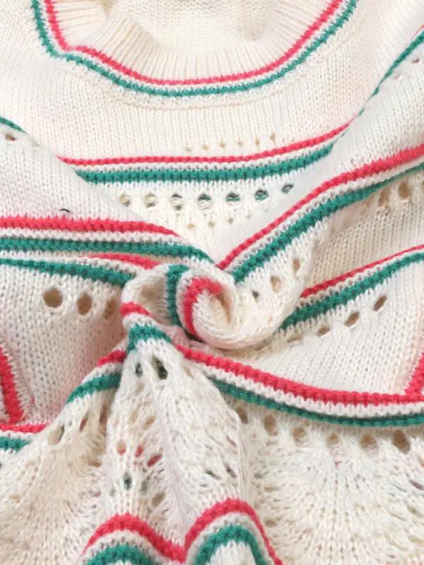 Close-up of crocheted sweater fabric with stripes