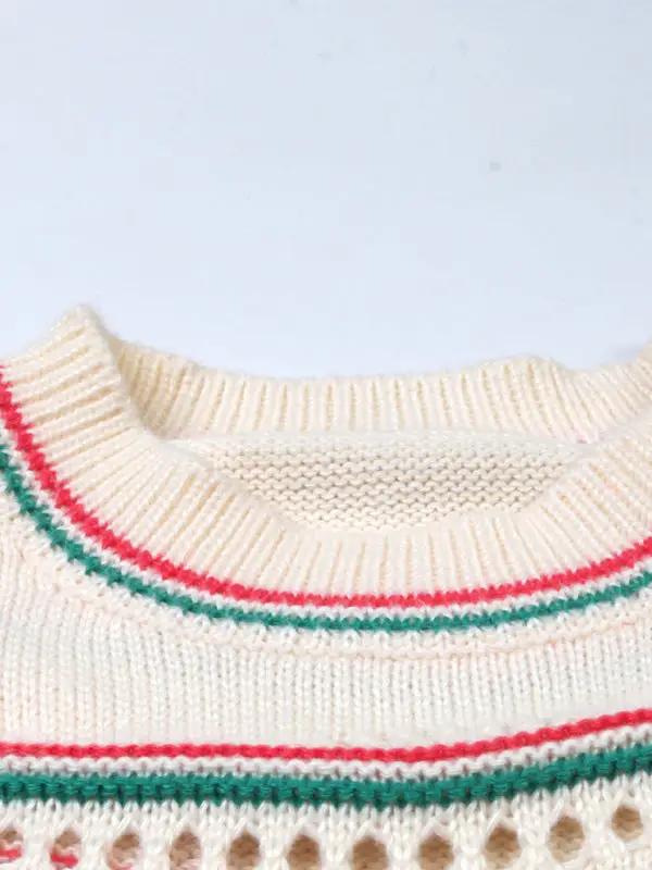 Neckline of crocheted sweater with contrasting stripes