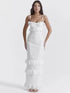 White hook-and-loop suspender long skirt, front view