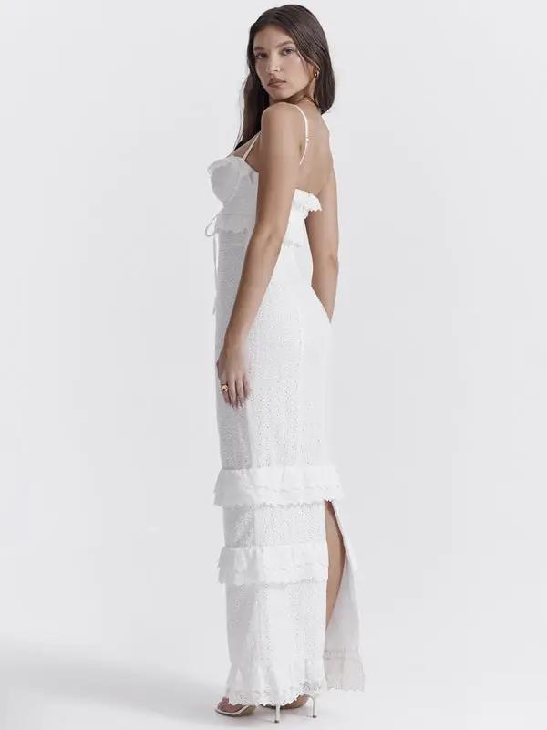 White hook-and-loop suspender long skirt, side view