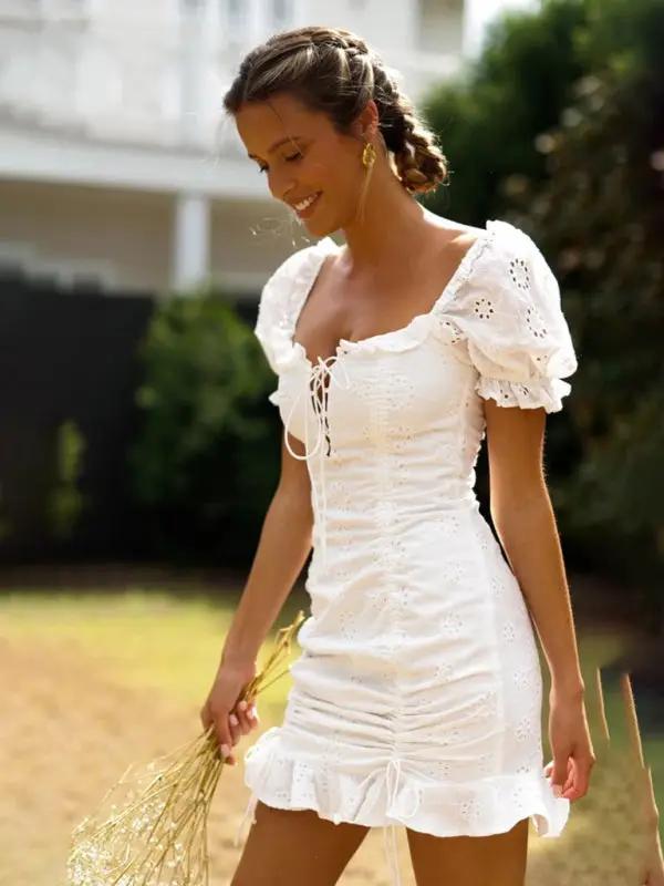 White lace-up pleated V-neck short dress, front angle