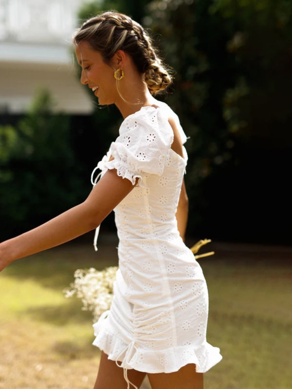 White lace-up pleated V-neck short dress, side angle