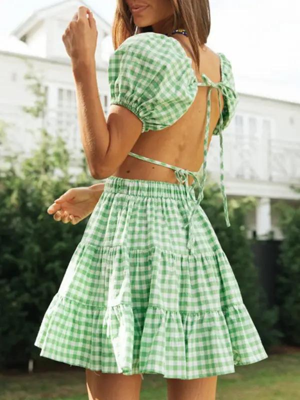Back view of green plaid backless tie top and skirt