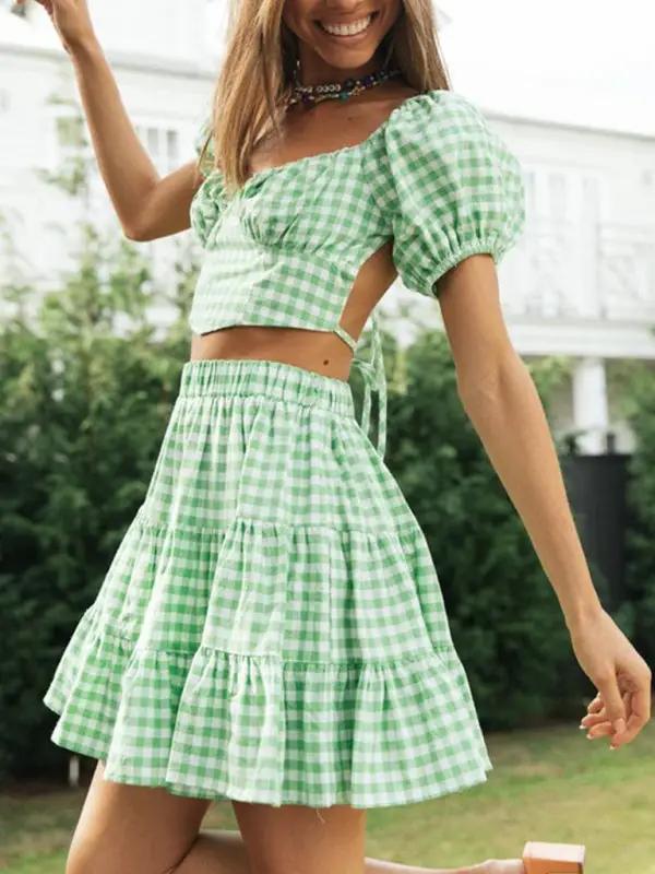 Green plaid backless tie top and skirt in garden
