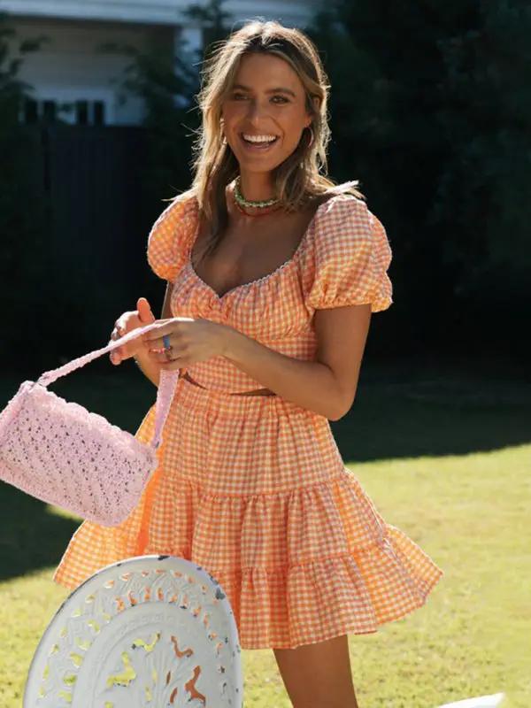 Orange plaid backless tie top and skirt with pink bag