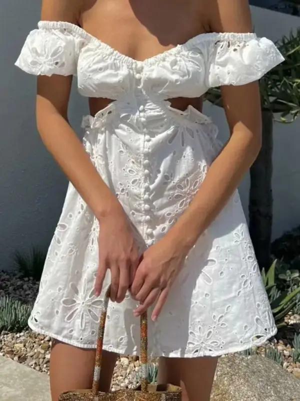 White lace one-shoulder dress with hollow back design