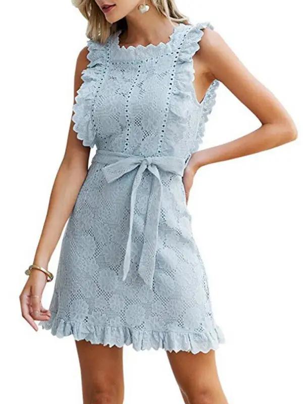 Light blue embroidered lace dress with ruffles