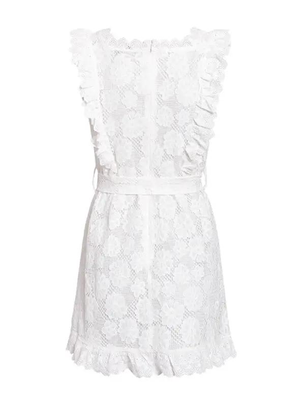 White lace dress with back ruffle and belt