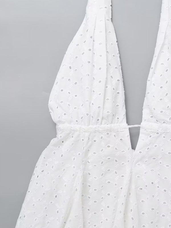 Side view of halterneck and embroidery on dress