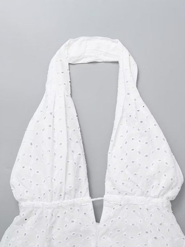 Top view of halterneck design on white dress