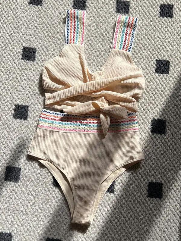 Beige high waisted two-piece swimsuit with rainbow straps