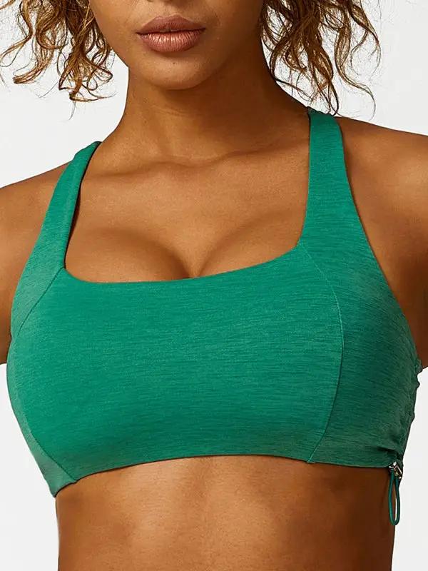 Green drawstring yoga bra, breathable solid color design
