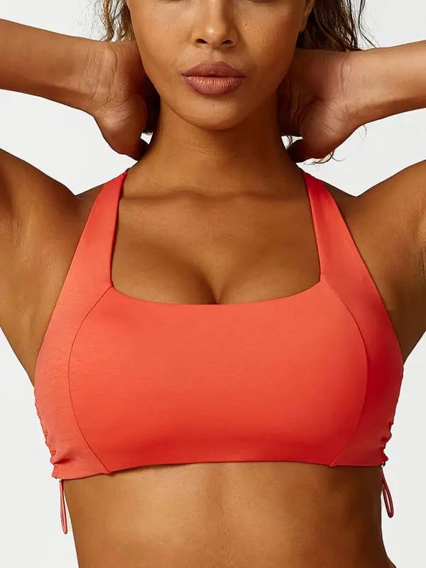 Red drawstring yoga bra, breathable solid color design