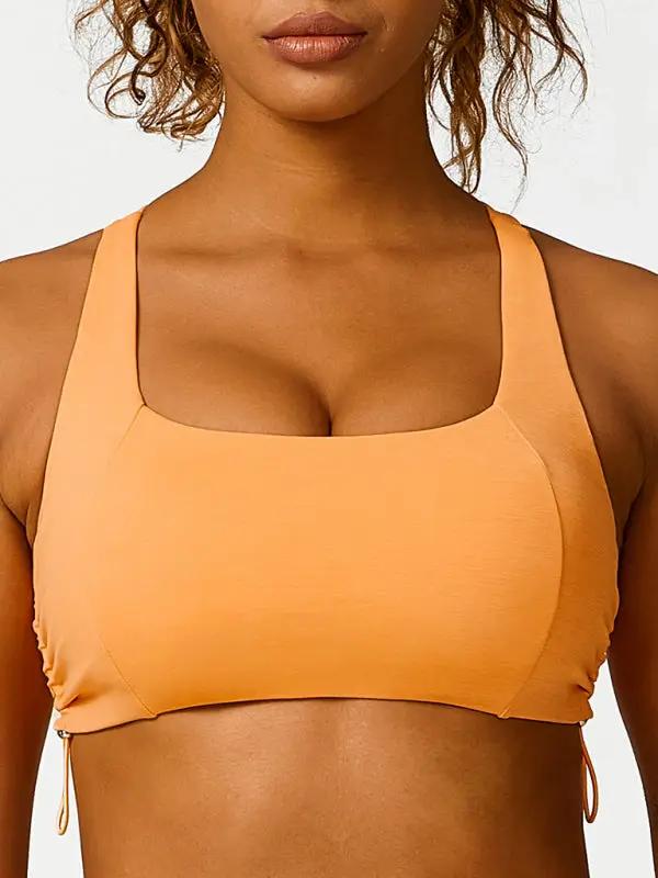 Orange drawstring yoga bra, breathable solid color design