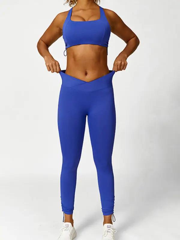 Blue yoga leggings with adjustable waistband