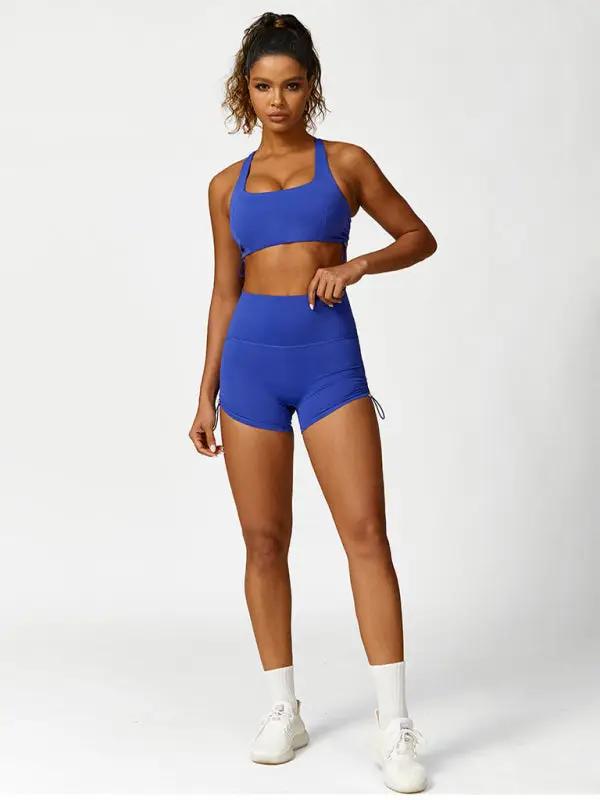 Blue yoga shorts and sports bra set