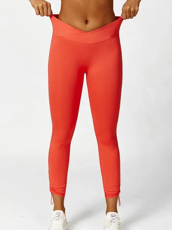 Red yoga leggings with adjustable waistband
